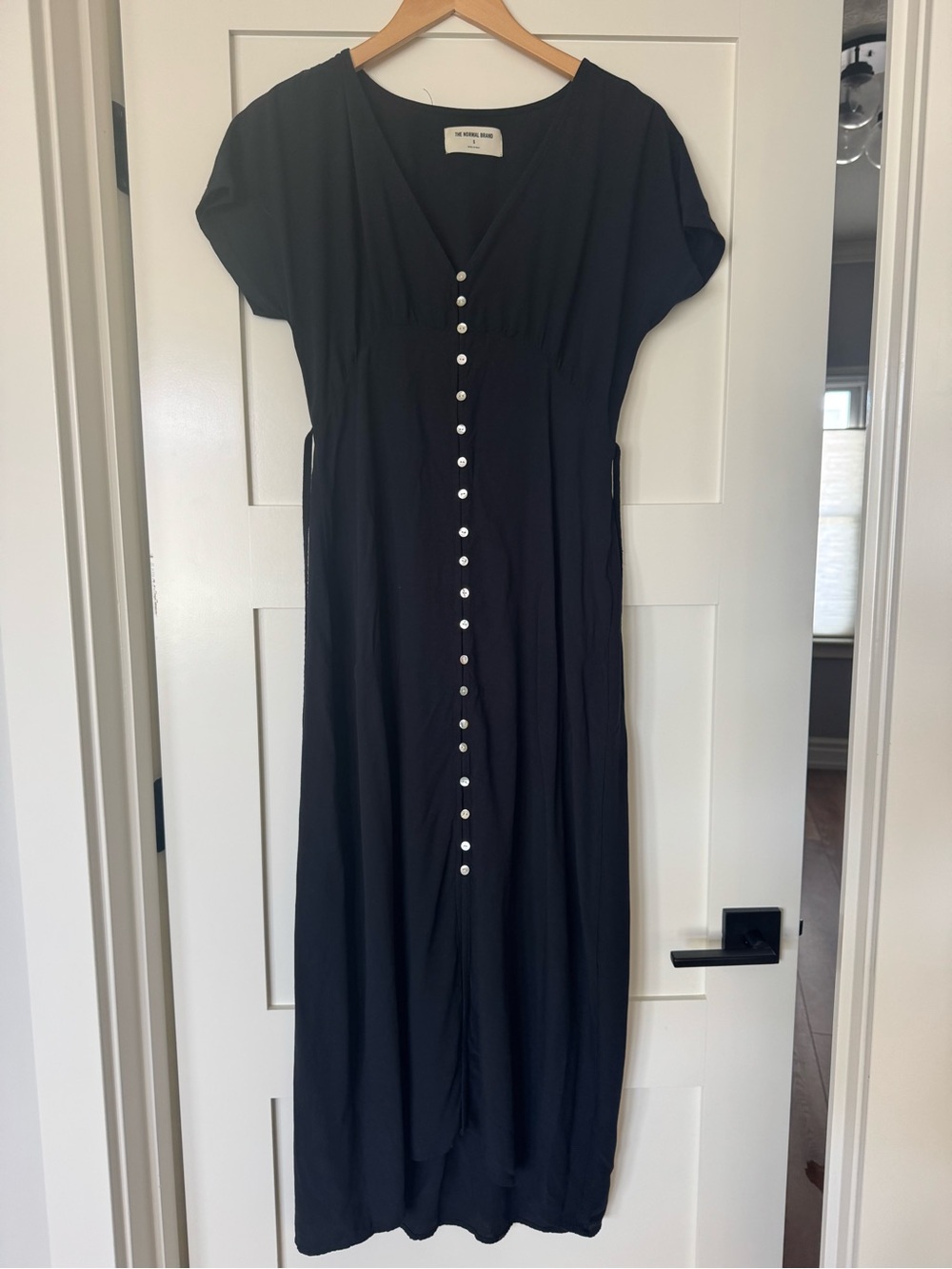 The Normal Brand size S Black Maxi Dress with Front Buttons and tie